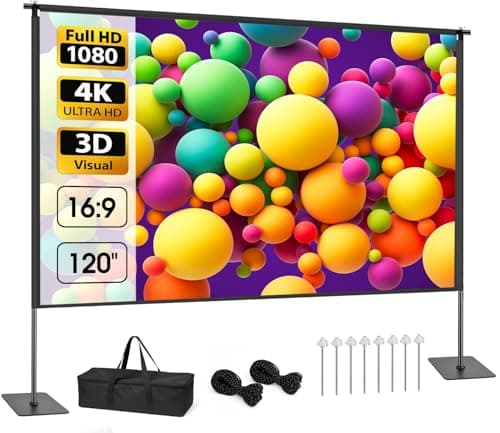 Image of Outdoor Projector Screen with Stand, 120 inch Portable Projection kit 16:9 4K HD Wrinkle-Free Indoor Outdoor Movie Screen with Carry Bag for Home Theater and Backyard Movie Night