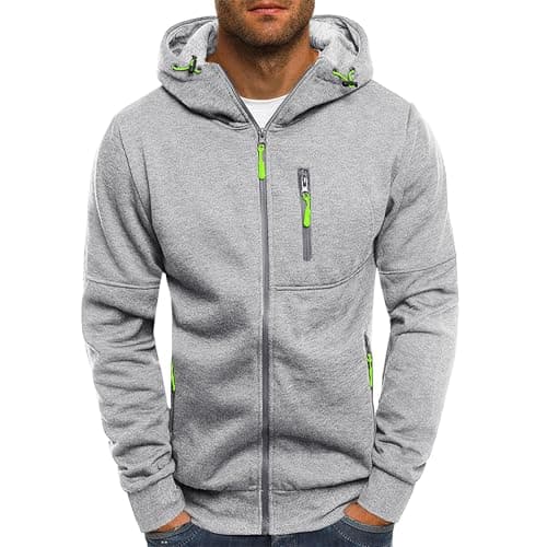 Image of Mens Hoodies Casual Fleece Hooded Sweatshirt Full-Zip Long Sleeve Pullover Hoody Tops Grey XXL