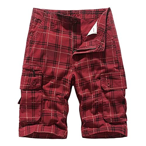 Image of VYLYNL Cargo Shorts Men Checked Shorts Lightweight Chinos Combat Work Casual Short Multi Pockets Below Knee Length Summer Half Pants for Summer, Walking, Hiking, Climbing & Camping Red
