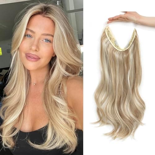 Image of Flyroseing Body Wavy Halos Hair Extension, 18 Inch Synthetic Fiber Blonde Hair Extensions with Transparent Wire, Blonde with Highlights Hair Extensions Clip In Adjustable Size Secret Hairpiece