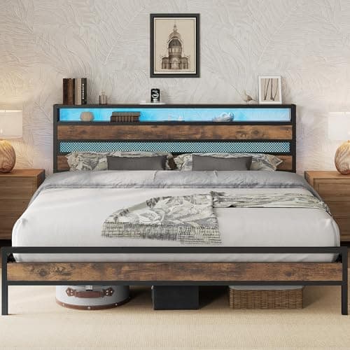 Image of IRONCK 6ft Super King Bed Frame with Storage Headboard and Charging Station/LED Lights, Metal Platform Bed Frame Super King, Reinforced Strong Support Leg, UnderBed Storage, Vintage Brown
