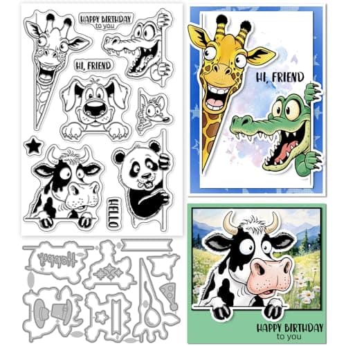 Image of GLOBLELAND Funny Peeking Animals Clear Stamp and Cutting Dies Set for Card Making Cow Dog Silicone Clear Stamp Metal Panda Giraffe Mouse Crocodile Die Cuts for DIY Scrapbooking Photo Album