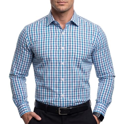 Image of Cotton King Mens Plaid Button Down Shirts Cotton Long Sleeve Dress Shirts Wrinkle Free Buisness Shirts Checks Plaid Navy Green Large