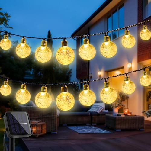 Image of Solar Garden Lights Outdoor,30 LED 8M/26Ft Solar String Lights Outside Waterproof, 8 Modes Crystal Ball Fairy Lights String Decorative for Patio Yard Camping Ggazebo Party Wedding Porch(Warm White)