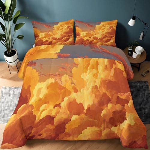 Image of Srigzcaly Coverless Duvet Single Size 7.5 Tog, Nature Sky Cloud Down Alternative Reversible Quilted Duvet for All Seasons - Breathable Non-Allergenic & Machine Washable (135x200 CM, Orange)