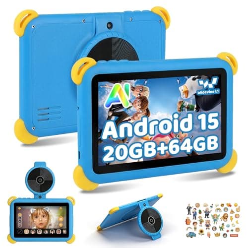 Image of Ainmel Kids Tablet 7 inch Android 15 Tablet for Kids, 20GB+64GB (TF 1TB), Android Tablet with Parental Control, AI Dual Cam&Learning, WiFi 6/BT 5.3, Widevine L1, Kid Tablet with Protective Case - Blue