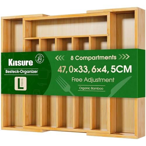 Image of Kitsure Silverware Organizer - Expandable Bamboo Kitchen Drawer Organizer, Adjustable Cutlery Tray for Kitchen Storage & Organisation, 33.6 x 4.5 x 29.0-47.0 cm