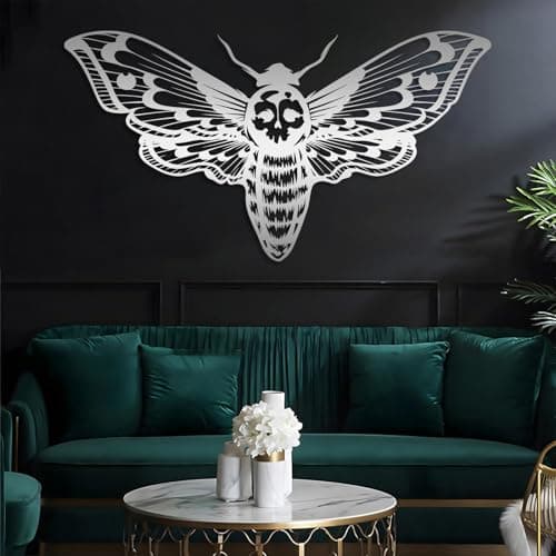 Image of Death Head Moth Metal Wall Art, Death Head Moth Wall Decor, Gothic Wall Decor, Skull Moth Wall Art, Halloween Decor, Housewarming Gift, Living Room Bedroom Wall Decor (Silver, 26"x48"|65x121cm)
