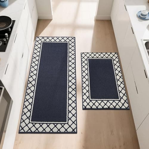 Image of COSY HOMEER 2 Pieces Absorbent Kitchen Runner Rug Mats, 60x89cm+60x152cm, Extra Nonslip TPR Backed Carpet Rugs for Kitchen, Soft Standing & Machine Washable, Vacuum Cleaner Available No Curling, Navy