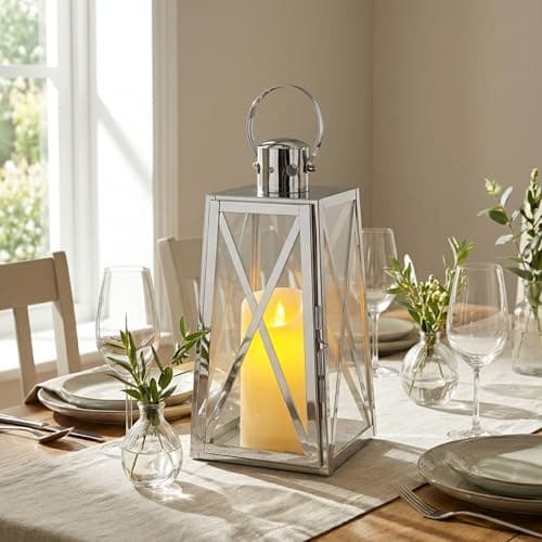 Image of TRIROCKS 30 cm High Stainless Steel Decorative Lantern Metal Candle Holder with Clear Glass Panels Perfect for Home Decor Living Room Parties Events Tabletop Indoors Outdoors(Silver)