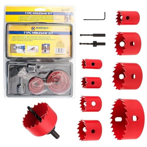 Image of 11Pc Holesaw Kit - Circular Hole Saw, Arbor Set | 19Mm 22Mm 29Mm 32Mm 38Mm 44Mm 51Mm 64Mm | Supplied With Pilot Drill, Hex Key & Storage Case, Multi Purpose