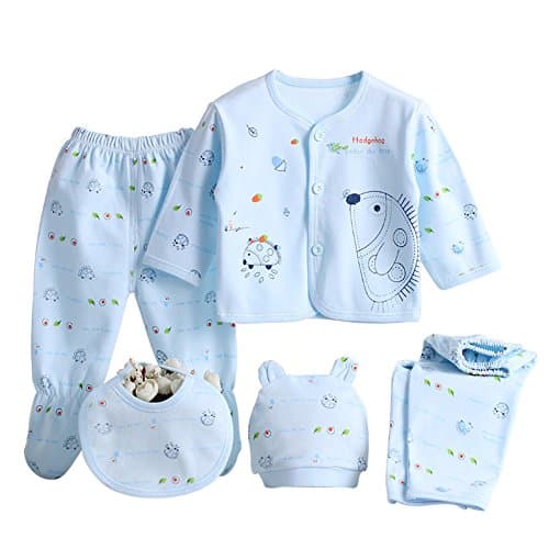 Image of Gajaous Baby Boy Girl's 5PCS Newborn Cotton Grow Top Hat Pants PlaySuit Sets Outfit, Blue #1, 0-3 Months