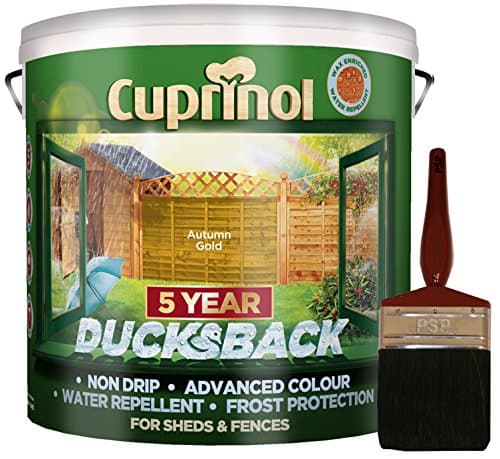 Image of New 2018 Cuprinol Ducksback Shed & Fence Paint 9 Litre Autumn Gold. Includes PSP 4” fence application woodcare brush. Protection for 5 Years. Non Drip, Water Repellent and Frost Defence.
