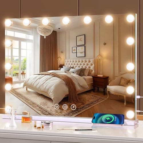 Image of halumao Hollywood Vanity Mirror with Lights, 58 x 48 cm Makeup Mirror with Lights, USB and Type-C Output Ports, 3 Color Modes, Smart Touch Control, Tabletop or Wall Mounted Mirror For Bedroom