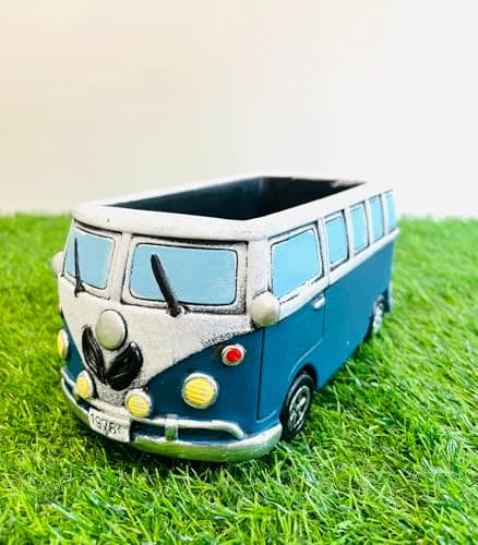 Image of My Square Mile Retro Camper Van Decorative Planter, Blue and White, 22.5 x 12 x 10 cm, Cement Plant Pot with Drainage