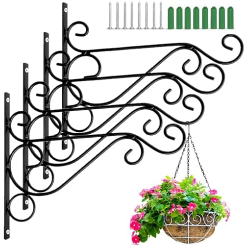 Image of LATERN 4Pcs Hanging Basket Brackets, 25CM x 20CM Metal Wall Mount Planter Hanger Outdoor Hanging Basket Hook with Screw for Bird Feeder, Lantern, Wind Chime, Planter, Flower Pot