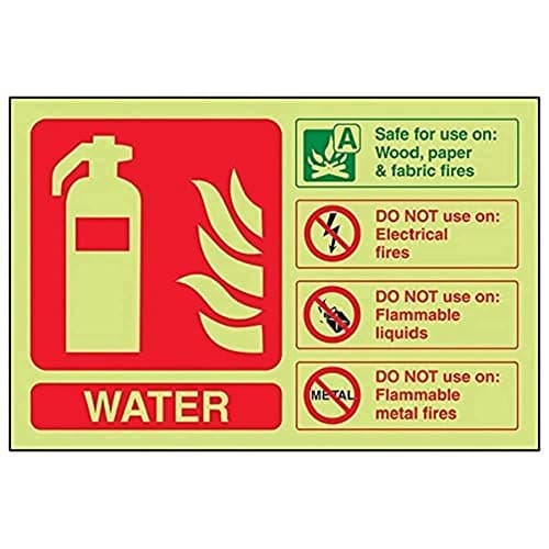 Image of V Safety Glow In The Dark Water Id Fire Extinguisher Sign - 150mm x 100mm - Rigid Plastic