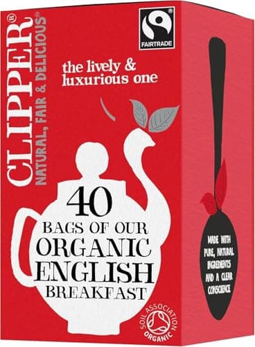 Image of Clipper Fairtrade Organic English Breakfast Tea Bags | Black Tea Bags | Natural, Unbleached, Plant-Based Biodegradable & Sustainable Teabags | Eco Conscious, Non GM & Fair Trade Tea (40 Teabags)