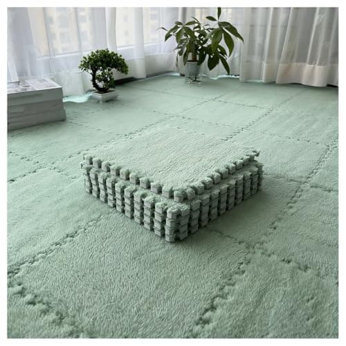 Image of 12-Piece Interlocking Plush Foam Floor Mats - Fluffy EVA Carpet Tiles for Bedroom Game Room Parlor - Soft Shaggy Playmat (Green 20 pcs)