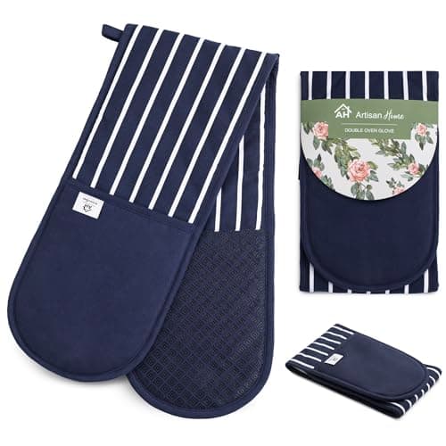 Image of Blue Butcher Stripe Double Oven Gloves Heat Resistant Silicone Oven Mitts Pair | Non-Slip Silicone Oven Gloves Double Oven Mitt | Machine Washable Thick Potholders Home & Kitchen Accessories.