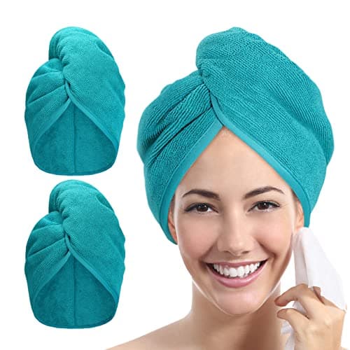 Image of YoulerTex Microfibre Hair Towel Wrap: 2Pack Hair Turban Super Absorbent Rapid Drying Microfiber Towel for Women Curly Long Wet Plopping Hair Girls Head Towelling Large Anti-Frizz (Aqua Green)
