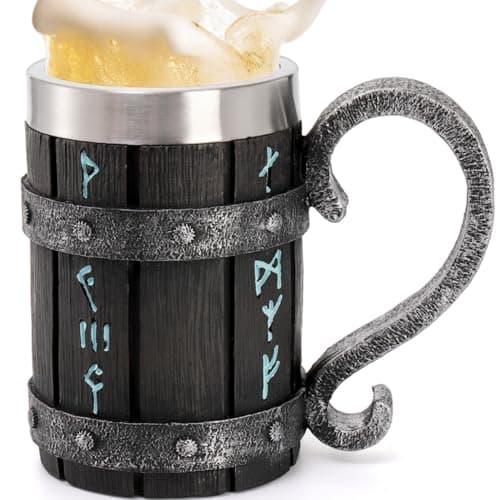 Image of Dicunoy Nordic Viking Mug, 17 OZ Stainless Steel Viking Drinking Tankard Beer Cups with Handle, Metal Norse Mythology Beer Mug Gifts for Men, Father's Day, Him, Husband, Viking Enthusiasts