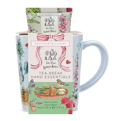 Image of Heathcote & Ivory Hand Cream x2 50ml, Ceramic Mug For Tea or Coffee, Moisturiser, Shea Butter, Sweet Rhubarb and Lilac Blossom Fragrance, Travel Size, Vegan and Cruelty Friendly, Gift for Gardeners