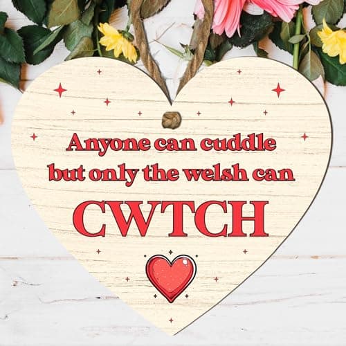 Image of Welsh Cwtch Plaque | Heart Shaped Hanging Wooden Sign | Red or Black Text | Only the Welsh Can Cwtch | Cute Welsh Saying Gift for Home or Loved One (Large: 23 cm (H) × 20 cm (W))