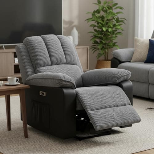 Image of BSTSEL Electric Recliner Armchair For the Elderly with Massage & Heat, Extended Footrest, USB+Type C Ports, Electric Recliner Chair for Living Room Bedroom (Grey Cord Fabric Recliner Chair)