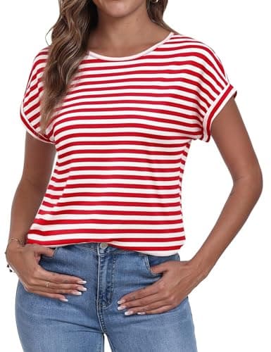Image of Terecey Womens Short Sleeve Shirts Casual Crew Neck Striped Tshirts Basic Oversized Tee Summer Fashion Colorblock Tops Shirt, Black+ White Stripes M