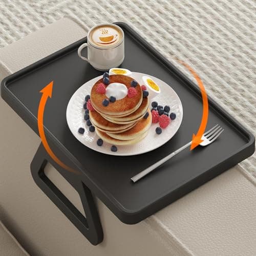 Image of Lifewit Plastic Rotating Couch Armrest Table, Adjustable Sofa Arm Clip Holder Tray for Snack/Fast Food/Fruit/Drink, Large Foldable Stable Sofa Table with Reinforced Clamp, Black