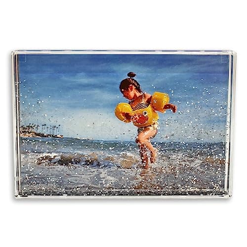 Image of Glitter Photo Frame, Acrylic Picture Frame holds 10 x 15 cm (4 x 6 inch) Clear Frameless Desktop Photo Block with Glitter (Silver) - Ideal Personalised Gifts, Wedding Day Presents or Home Décor