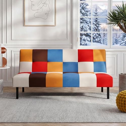 Image of Panana Fabric Sofa Bed,3 Seater Convertible Futon Settee, 5-Gear Back Angle Adjustable Futon Sofa for Living Room, Guest Room (Rainbow)
