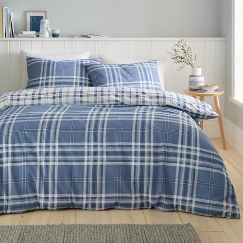 Image of Catherine Lansfield Kelso Check Reversible Single Duvet Cover Set with Pillowcase Blue