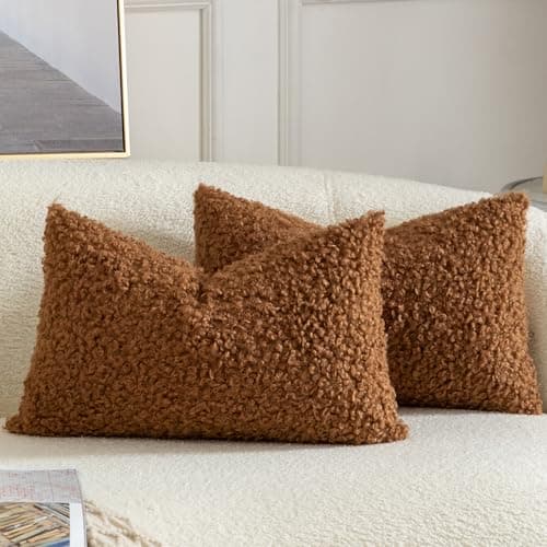 Image of YAERTUN Pack of 2 Faux Fur Cushion Covers Decorative Sherpa Boucle Throw Pillow Covers Fuzzy Soft Sheepskin Fleece Pillowcases for Couch Sofa Bed Living Room 12x20 Inch 30x50cm Brown