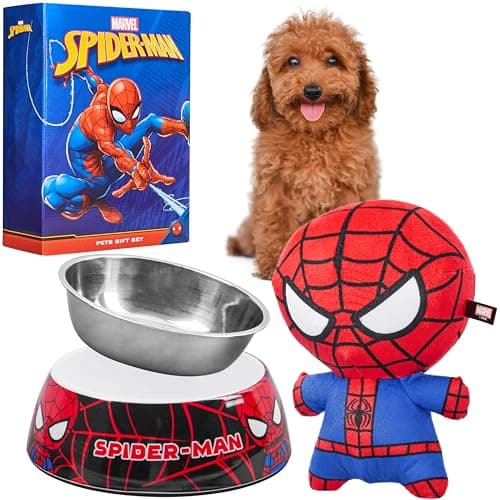 Image of Disney Stitch Dog Toy and Food Bowl Set Squeaky Soft Toy Non Slip Food Bowl - Dog Gifts (Red/Blue Spiderman)