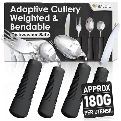 Image of iMedic Weighted Bendable Cutlery for Disabled Hands (The Knife Does Not Bend) - Disabled Cutlery for Adults Suffering from Parkinson's and Tremors - 1 Set Black