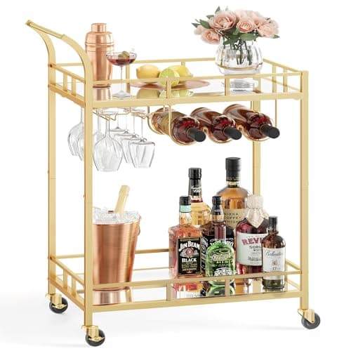 Image of VASAGLE Drinks Trolley, Bar Cart, Serving Trolley with 2 Mirrored Shelves, Wine Holders, Glass Holders, for Home Bar, Kitchen, Dining Room, Gold LRC092A62