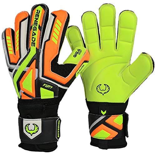 Image of Renegade GK Fury Volt Goalie Gloves with Pro-Tek Finger Spines | 4mm Giga Grip & 4mm Duratek | Neon Yellow, Orange, Black Football Goalkeeper Gloves (Size 7, Youth, Flat Gecko Cut, Level 4)