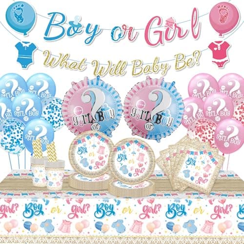 Image of Gender Reveal Decoration Party Tableware - Boy or Girl What Will Baby Be Banners, Blue and Pink Reveal Balloons Tablecloth Paper Cups Napkins Paper Straws for Baby Shower Supplies (16 Guests)