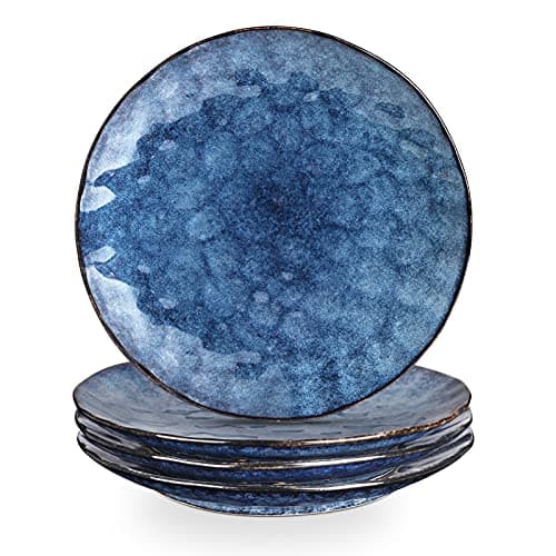 Image of vicrays Dinner Plate Set of 4, 10.5 Inch (26.7 cm), Round, Microwave, Oven, Dishwasher Safe, Scratch Resistant, Porcelain Fluted Suitable for Steak, Pasta, Pizza, Home, Party, Restaurant (Blue)