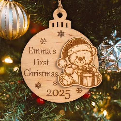 Image of Joyforge Personalised Baby's First Christmas Bauble - Custom Name Wooden Teddy Bear Ornament, Engraved 1st Christmas Keepsake Gift for Newborn, Rustic Tree Decoration