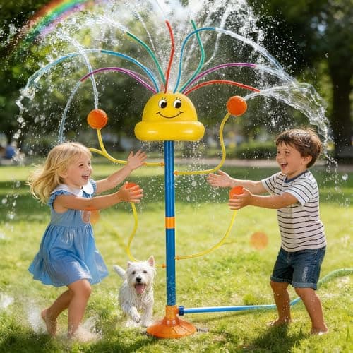 Image of VATOS Water Sprinkler Outdoor Yard Toy for Kids, Smile Face Rainbow Splash Toy with 8 Wiggle Tubes 4 Nozzle, Backyard Lawn Water Sprinkler, Summer Family Games, Fun Water Toys for Kids 3-8 Boy Girl