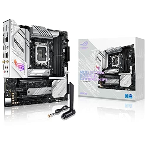 Image of ASUS ROG STRIX B760-G GAMING WIFI Intel B760 LGA 1700 white mATX motherboard with 12 + 1 power stages, DDR5, PCIe 5.0 x16 SafeSlot, two PCIe 4.0 M.2 slots, WiFi 6E, 2.5G Ethernet, and Aura Sync
