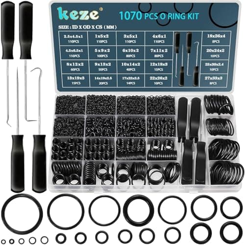 Image of KEZE 1070 Pcs 20 Size O Rings Assortment Kit with Pick and Hook Set for Assorted Automotive Plumbing Pressure Washer Faucet Repair Air or Gas Sealing,Nitrile Rubber Resist Oil and Heat OD:4.5mm-33mm