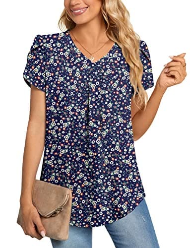 Image of Aodemo Women Summer Dressy Chiffon Blouse Petal Short Sleeve V Neck Tunic Tops Office Casual T-Shirt L, Floral Navy Blue