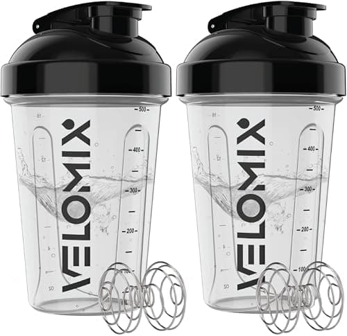 Image of VELOMIX -2 PACK- 600ml Protein Shaker Bottle -2x Wire Mixball | Leak Proof Shaker For Protein Shakes | Stackable Protein Shake Bottle | Dishwasher Safe Gym Bottle (Clear Prime)