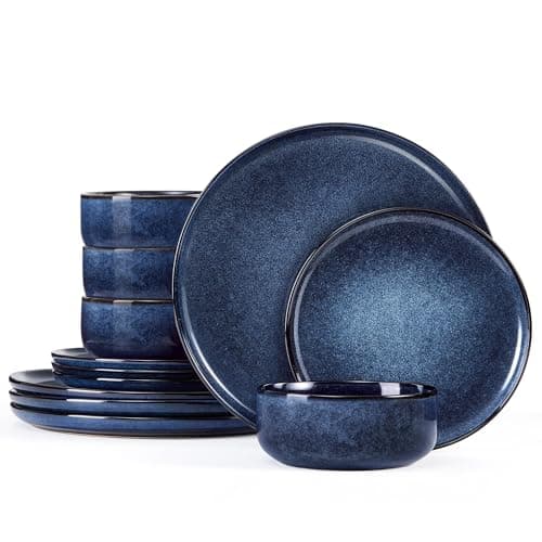 Image of Homikit 12 Piece Dinner Set, Reactive Glaze Kitchen Dinnerware Sets for 4, Elegant Stoneware Included Plates and Bowls, Non-Scratch & Sturdy, Dishwasher & Microwave Safe, Nebulas Blue