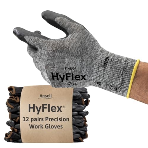 Image of Ansell HyFlex 11-801 Professional Work Gloves, Abrasion Resistant Nitrile Coating with Firm Grip, Multipurpose Protection Gloves, Mechanical and Industrial Safety, Grey, Size L (12 Pairs)