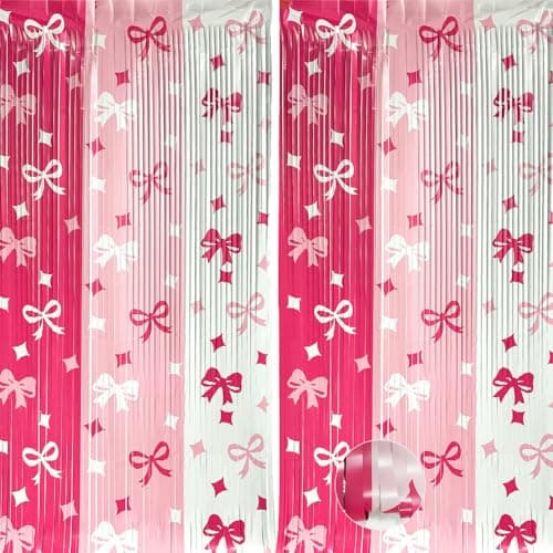 Image of MSLSOZ Bow Foil Curtain,2Pcs Hot Pink Bow Party Streamers, (2m x 1m) Aesthetic Metallic Tassel Curtain Backdrop for Girls, Party Supplies for Birthday/Mermaid/Princess/Graduate Decor